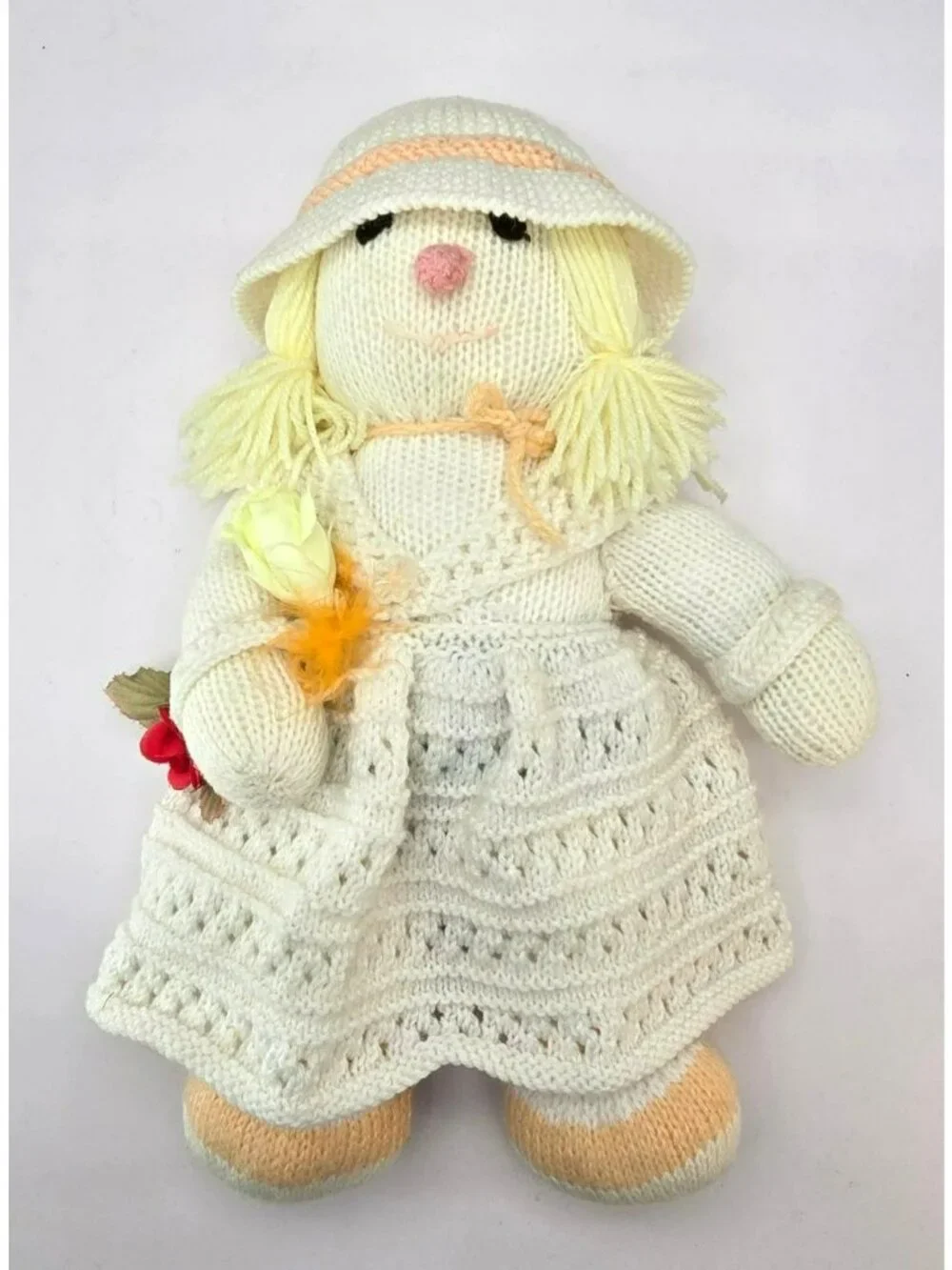 Knitted Victorian Style Doll Hat & Dress Blonde Yarn Hair Soft Plush Toy VL5184